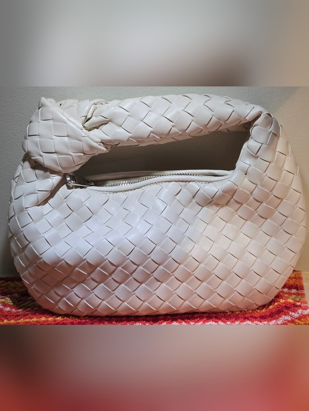Woven Leather Knot-Handle Shoulder Bag in Cream